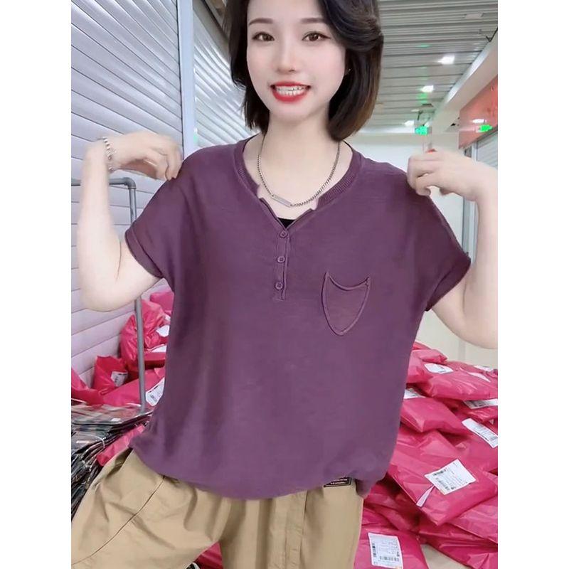 

Летняя микропрозрачная базовая футболка, тонкий трикотаж с V-образным вырезом, женская белая льняная футболка, свободный топ с коротким рукавом из хлопка и льна Purple All yards