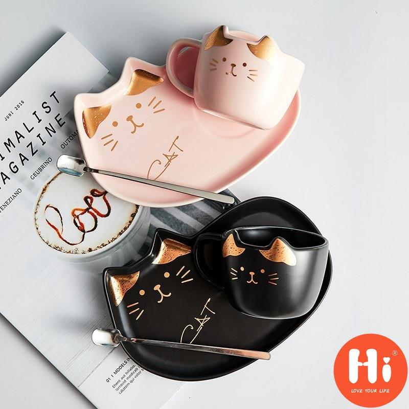 Hi Ceramic Coffee Cup With Saucer Spoon Cartoon Cat Teacup Breakfast Milk Mug Bread Dessert Dish Gift