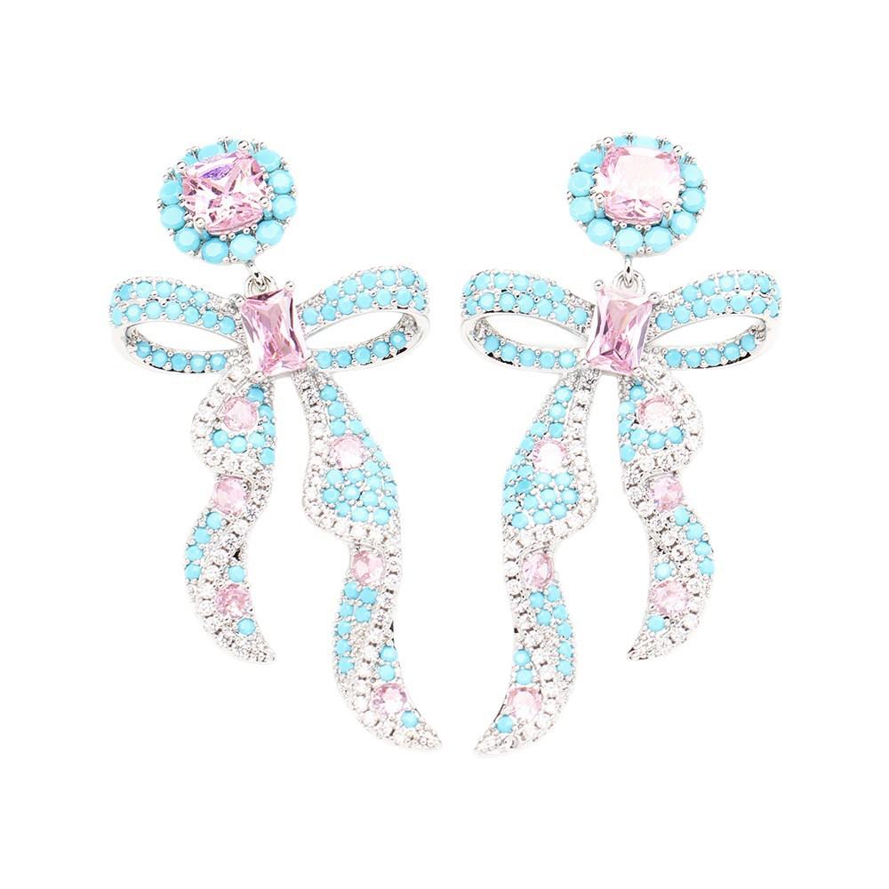 Light luxury niche pink and blue bow earrings, gold-plated temperament versatile 925 silver needle stud earrings, women's models