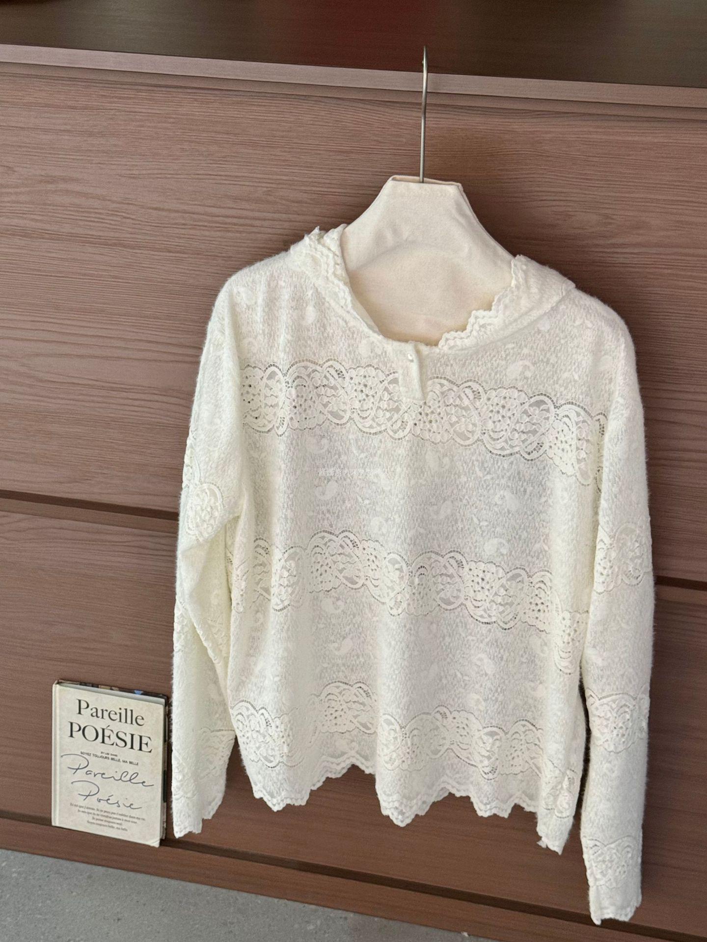 

French Retro Lace Crochet Hooded Plush Top - Long Sleeve Base Layer for Spring, Autumn, Winter One Size білий