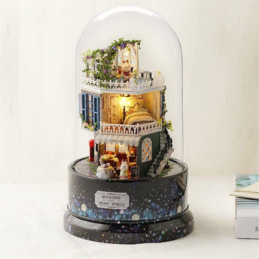 Dollhouse Miniature DIY Kit Dollhouse Tower Dome Series with Rotating Music Box LED Light Acrylic Cover Shop on a Starry (moin moin) Set + +