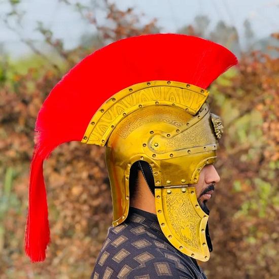 Roman Centurion Helmet Brass Plated Gladiator Helmet with Red Crest Medieval LARP Cosplay Collectible Warrior Costume