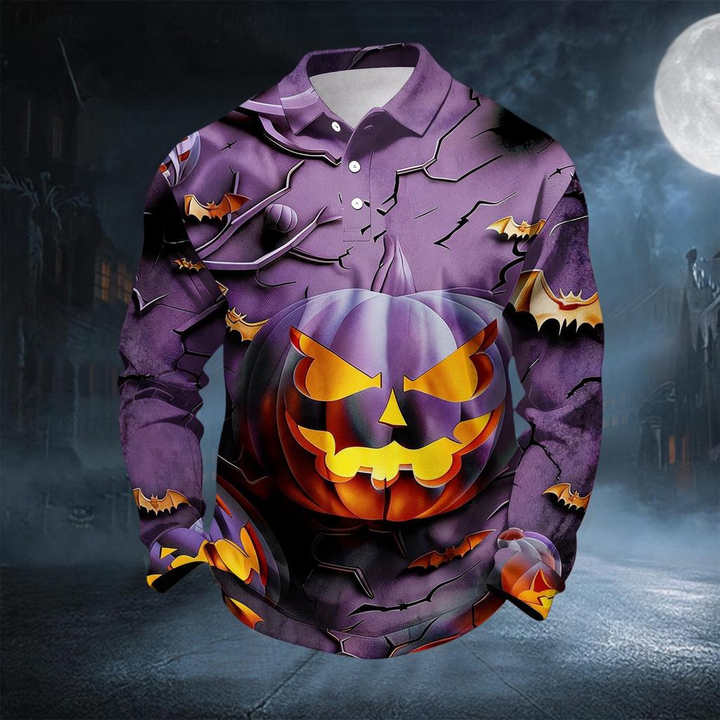 Men's Casual Long Sleeve Button Down Shirt for Halloween Party