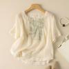 Cotton Linen Blouse Summer Retro Casual Embroidery Shirt Women's Top Short Sleeve Round Neck Blouses