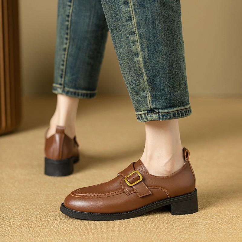

British Style Thick Heel Shoes Spring Autumn Belt Buckle Single Shoes Female Comfortable Round Head Non-slip Slip on Loafers 41 коричневий