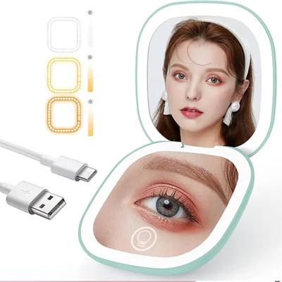 Specchio Compact Illuminato da Viaggio per Trucco con Ingrandimento 1X/5X, Doppia Faccia, 3 Colori Dimmerabili, Specchio Portatile da Tasca per Borsa