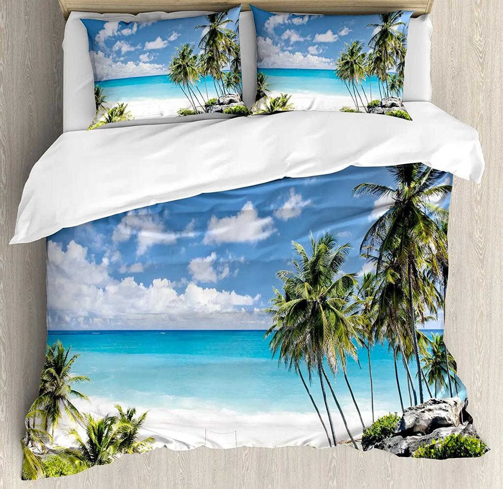 Palm Tree Sea Beach Blue Sky White Clouds 3pcs Bedding Set For Double Bed Home Textile Duvet Cover Quilt Cover Pillowcase