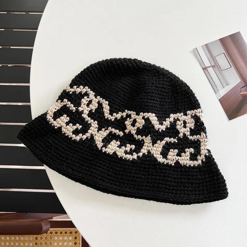 Korean Autumn Winter Retro Crochet Knitted Wool Bucket Hat Women Ins Hand-woven Basin Hat Winter Bucket Hat Men