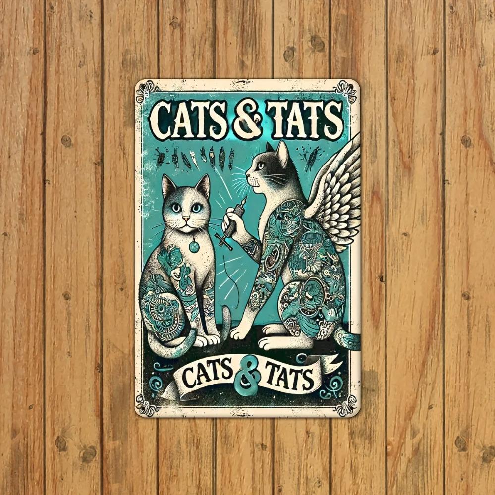 Vintage "Cats & Tattoos" Metal Sign – Whimsical Waterproof Wall Art with Feline & Tattoo Designs | Perfect Room Decor for Edgy