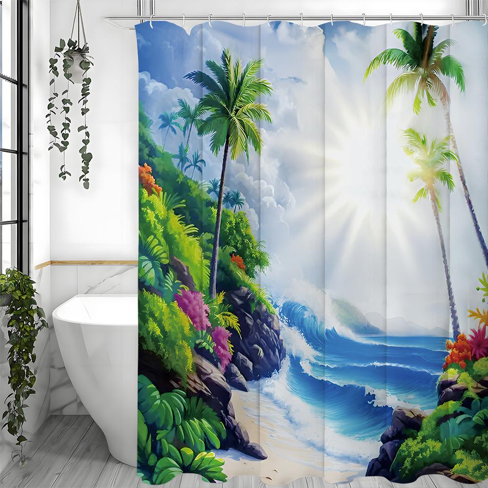 Ocean Scenery Coconut Tree Greenery Shower Curtain, Bathroom Decorative Shower Curtain, Waterproof Shower Curtain with Hooks