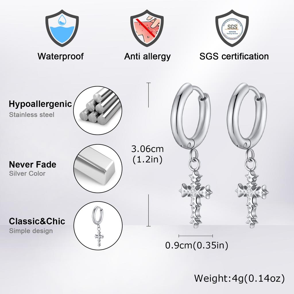 Punk Thorns Cross Hoop Earrings for Men Women,Anti Allergy Stainless Steel Metal Huggies,Waterproof Piercing Jewelry