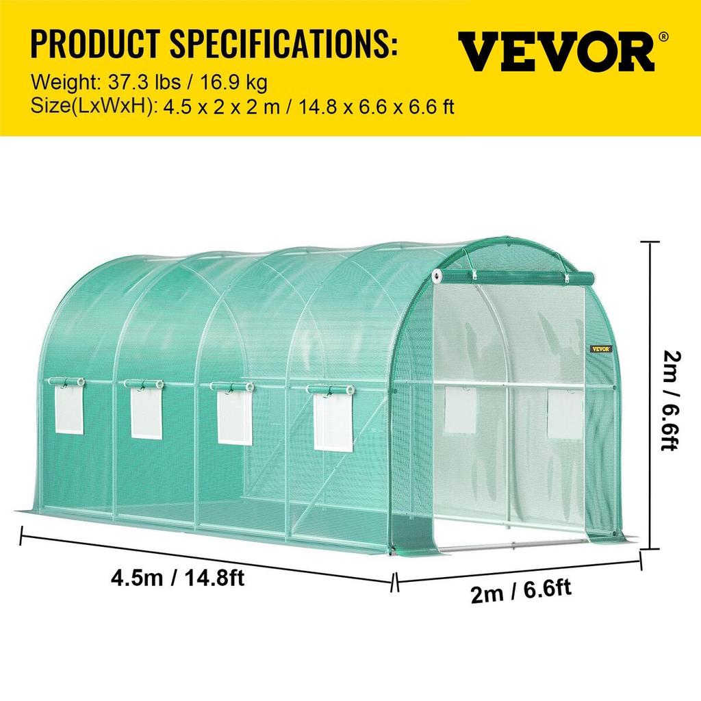 Walk-in Tunnel Greenhouse, 15 x 7 x 7 ft Portable Plant Hot House w/ Galvanized Steel Hoops, 1 Top Beam, 2 Diagonal Poles, 2 Zippered Doors & 8