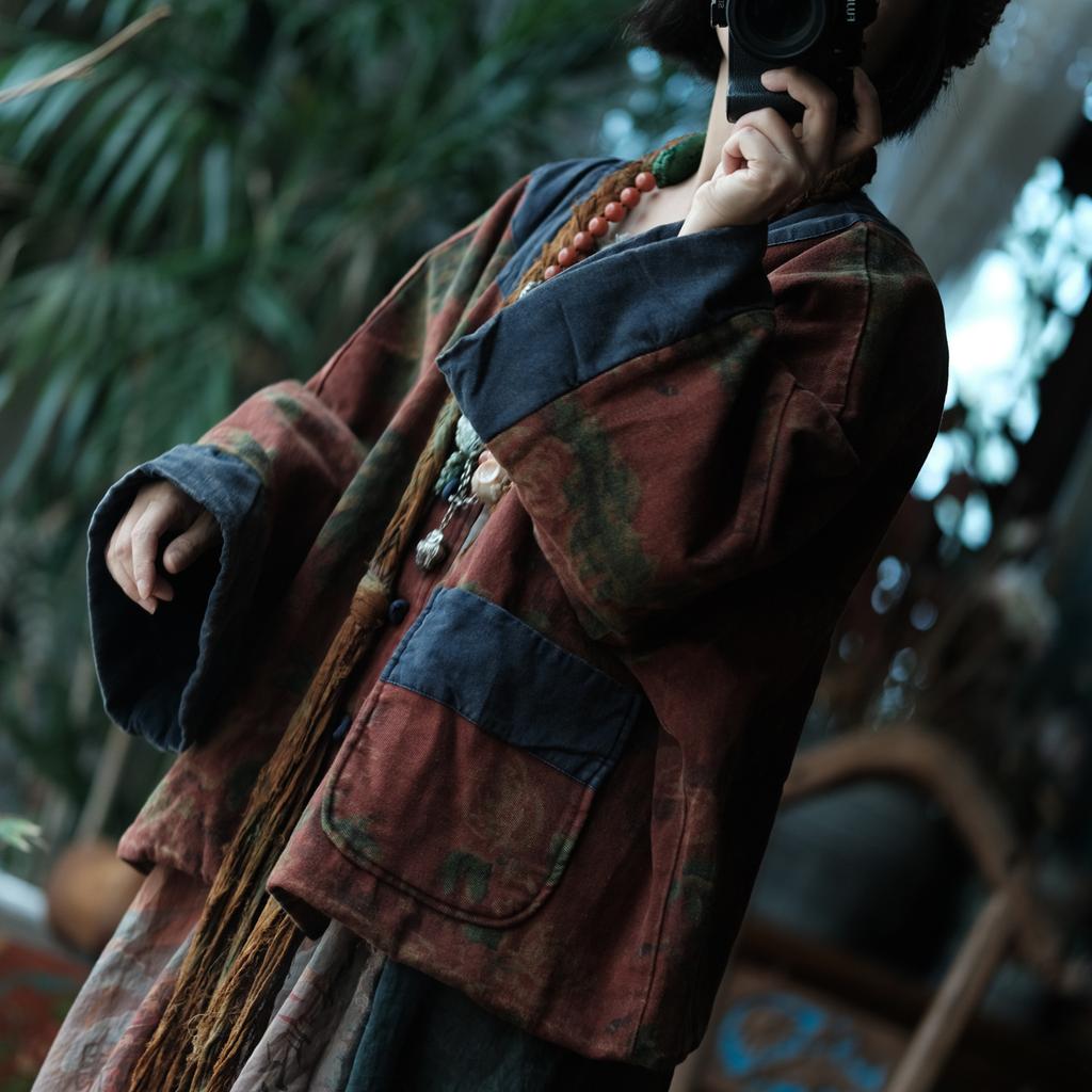 Johnature Damen Vintage Jacken O-Ausschnitt Langarm Mäntel Knopf Patchwork Taschen Herbst Lockere Jacken