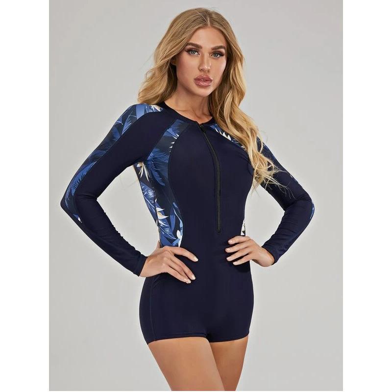 Cover the meat and look thin surf suit one-piece long-sleeved zipper conservative printed swimsuit flat-angle wetsuit S синий