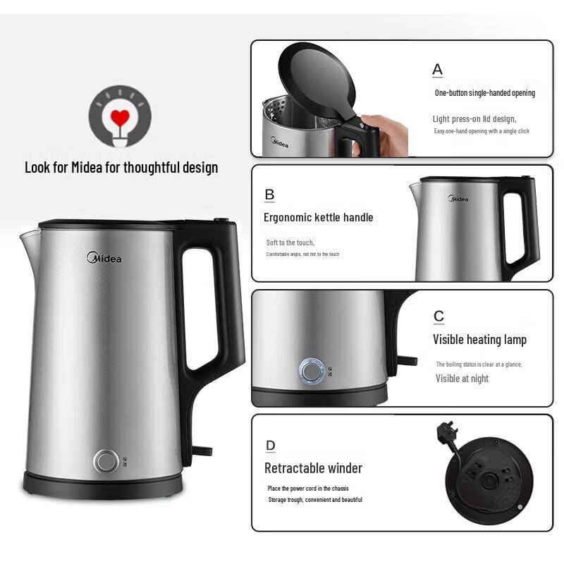 Midea 1.7L 316L SS Smart Electric Kettle CN Plug (adapter Included)