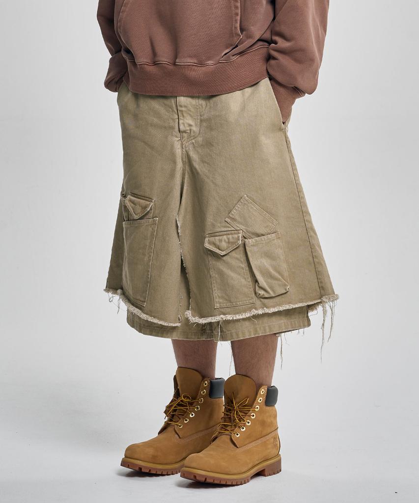 AJOBYAJO Washed Layered Cargo Skirt Shorts [Beige]