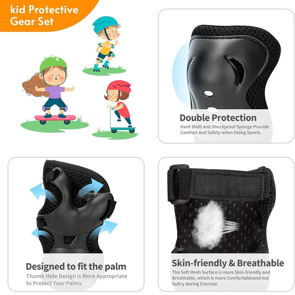 6PCS Kids Protective Gear Set for 3-15 Years, Knee Elbow Pads & Wrist Guards for Skateboard Cycling Skating Scooter