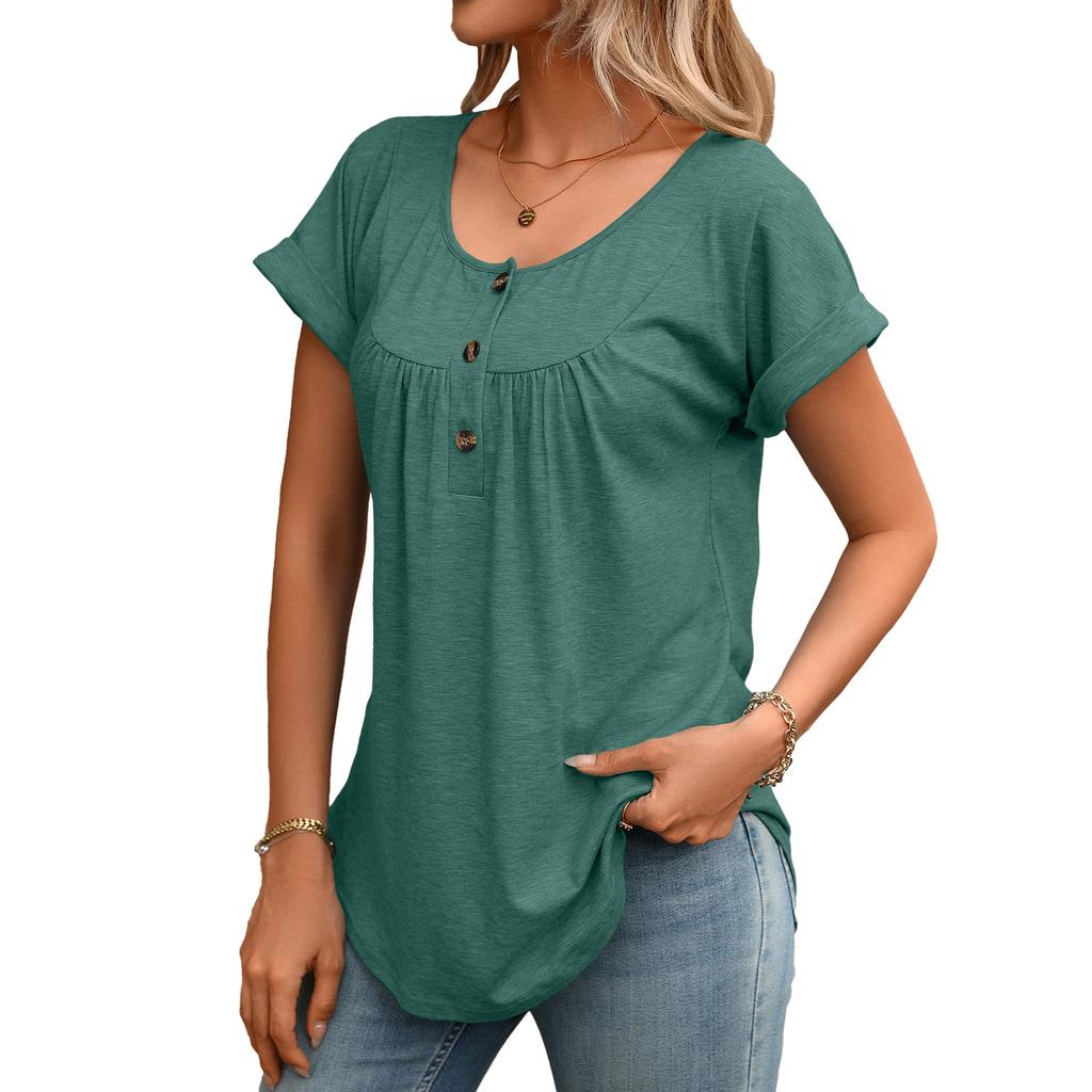 European Style Summer Solid Color Round Neck Button Loose Fit Short Sleeve T-Shirt Women