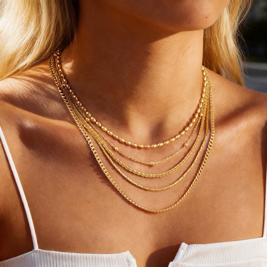 Women's Chain Necklace Waterproof Gold Plated Multi-style Single Bead Chain Layering Jewelry Stainless Steel Tarnish Free