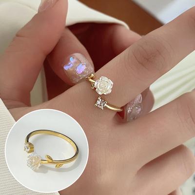 Camellia Offener Ring für Damen, verstellbar, luxuriös, Zirkonia, Inlay, Blumendekor, Fingerring, Modeaccessoire, Hochzeit, Schmuck, Geschenk