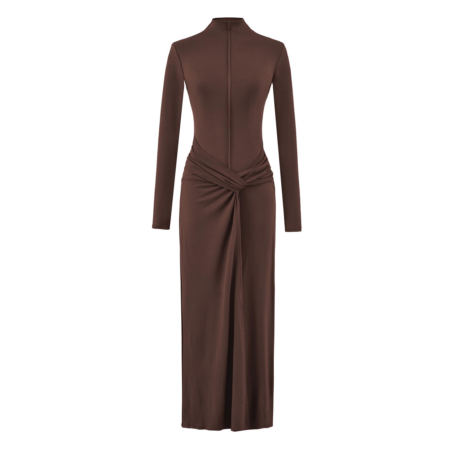 

Elegant Autumn Long-Sleeve Bodycon Dress with Cinched Waist and High Neck Medium темный кофе