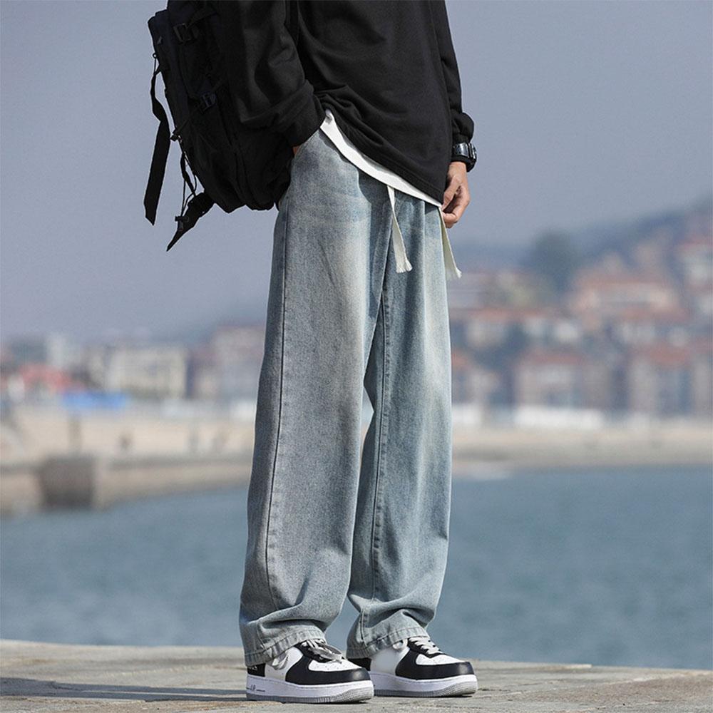 Men's Cotton Vintage cat whiskers Washing Denim Jeans Drawstring Baggy Wide leg Pants Streetwear Sweatpants Track Pants Trousers