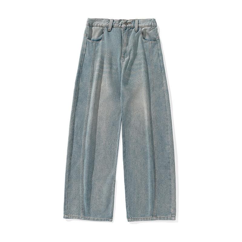 Men Loose Fit Washed Denim Jeans American Vintage Side Split Tapered Long Pants