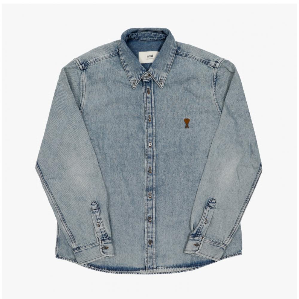 Ami Small Heart Logo Denim Shirt Ami Ush786 De0056 480