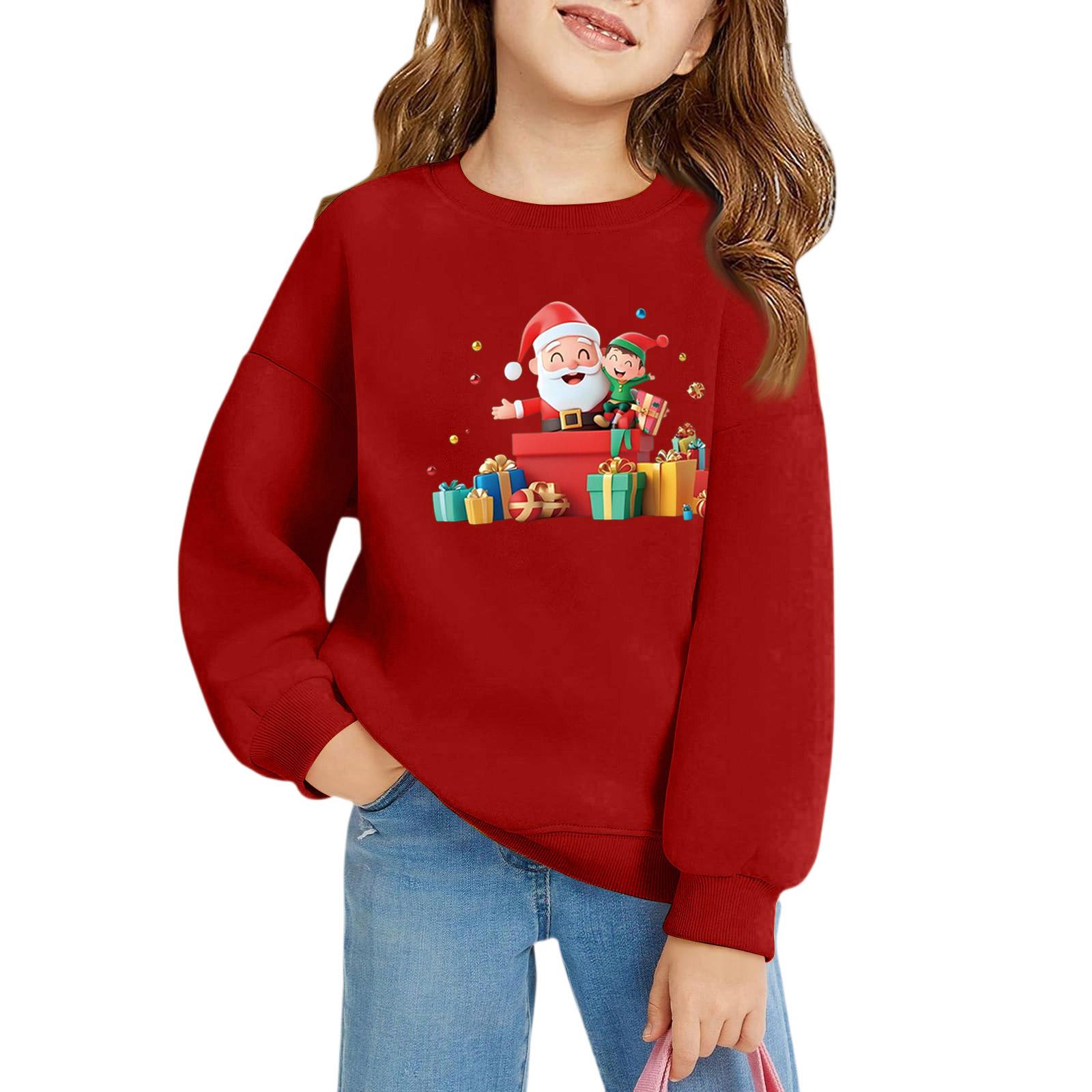 

Рождественские пуловеры с круглым вырезом для девочек, детские топы с принтом 160 красный