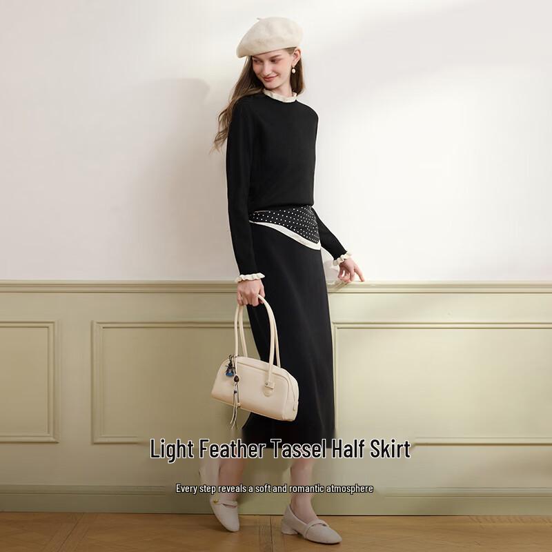 Xiangying Women's High-Waist Fringe Slit Midi Skirt
