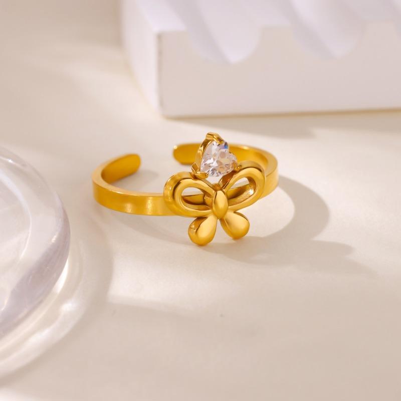 Simple Stainless Steel Gold-plated Butterfly Love Zircon Geometric Ring Female Personality Versatile Ring