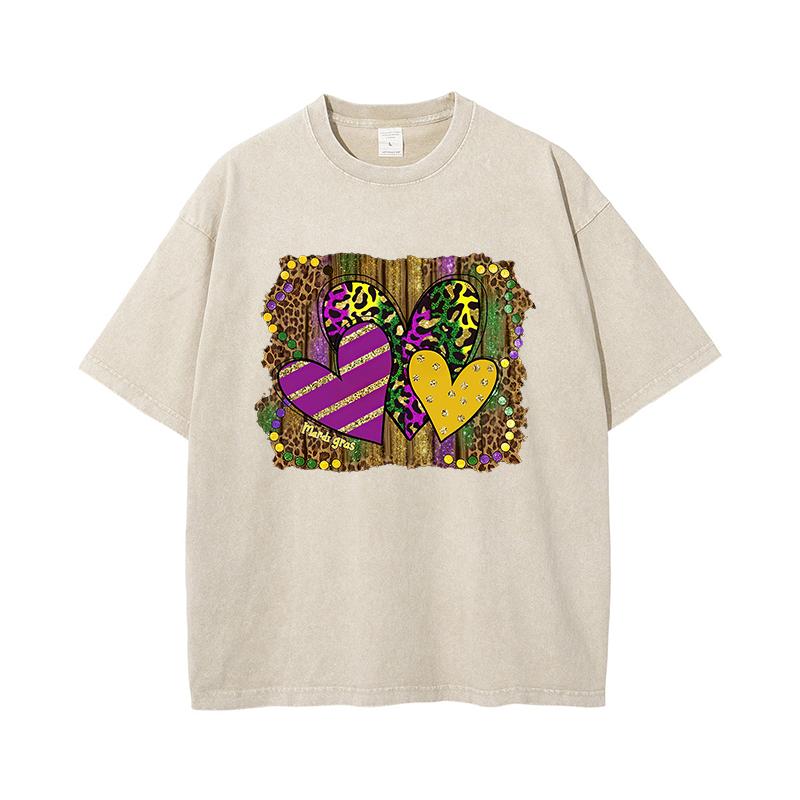 Harajuku Men's Pure Cotton Washed T-shirts Casual Loose Short Sleeve Vintage Carnival Party Heart Printing Tunics