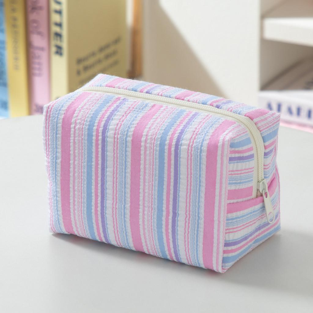 Polyester Striped Makeup Bag For Women With Storage Compartment Travel Organizer