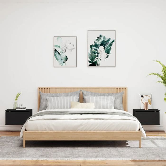 VidaXL Tables de Chevet Murales avec Lumières LED 2 pcs, Armoires de Nuit, Tables de Nuit Chambre, Moderne, Noir Bois 836829
