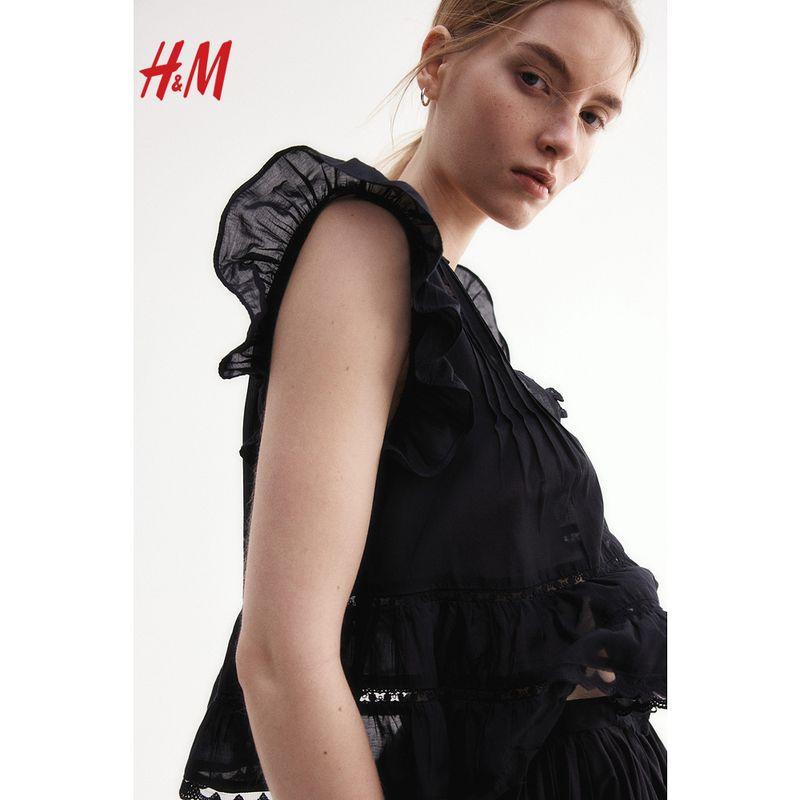 

HM Women clothes Shirts 2025 Summer New Fashion Loose Fine Pleats Deep V Neckline Button Flying Sleeve Top 1282025 Black 155/76(XXS)