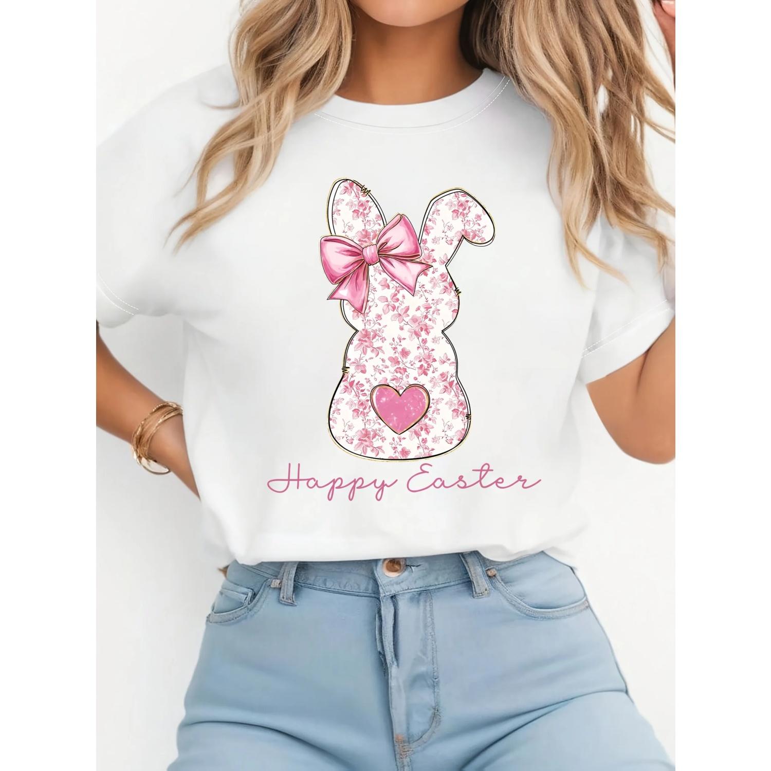Women s Pink Floral Bunny Graphic T-Shirt - Casual Round Neck Short Sleeve Top with Happy Easter Script S