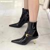 Fashion 2025 Spring New Style Metal Stiletto Pointed Ankle Boots Women Fashion High Heeled Patent Leather Side Zipper Black Fashion Boot
