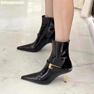 2025 Spring New Style Metal Stiletto Pointed Ankle Boots Women High Heeled Patent Leather Side Zipper Black Boot
