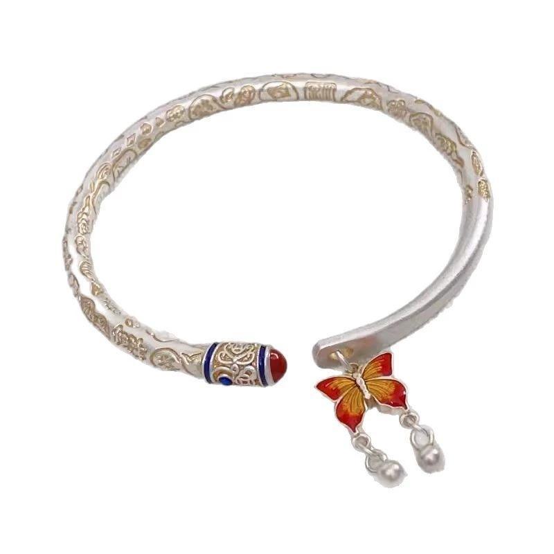 Auspicious Word Bracelet Vintage Gold-painted Enamel Bracelet Butterfly Pendant Bracelet New Chinese Style National Trend Minimalist Design Style