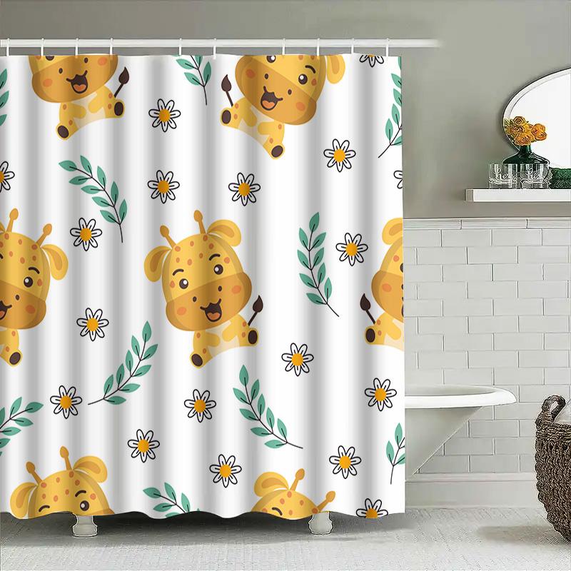 New Arrival Cartoon Giraffe Shower Curtain Waterproof Bathroom Decor With Flowers Leaves For Children Room (White)