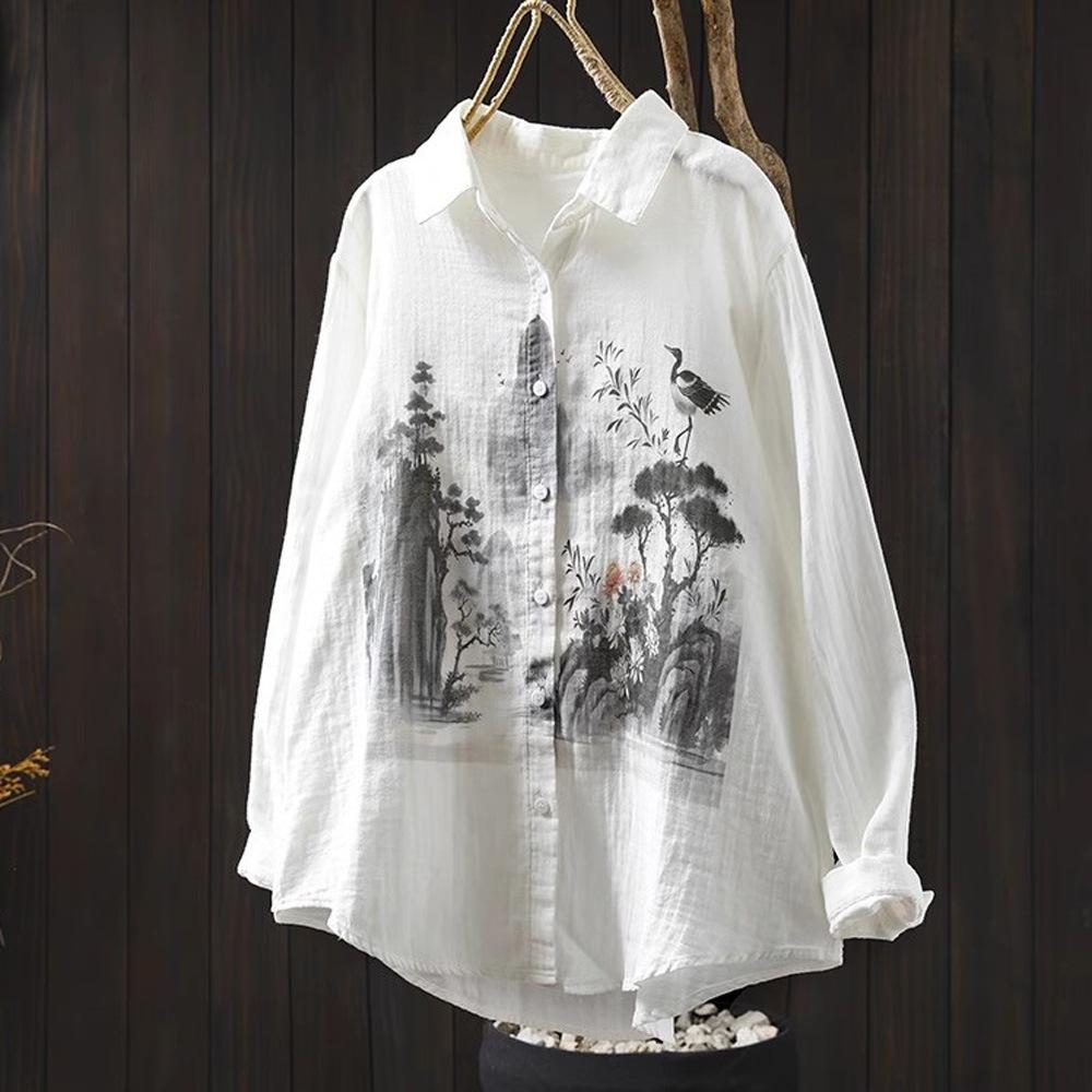 Spring Autumn White Top Double Layered Cotton Yarn Shirts Women Lapel Collar Long Sleeve Printed Blouses