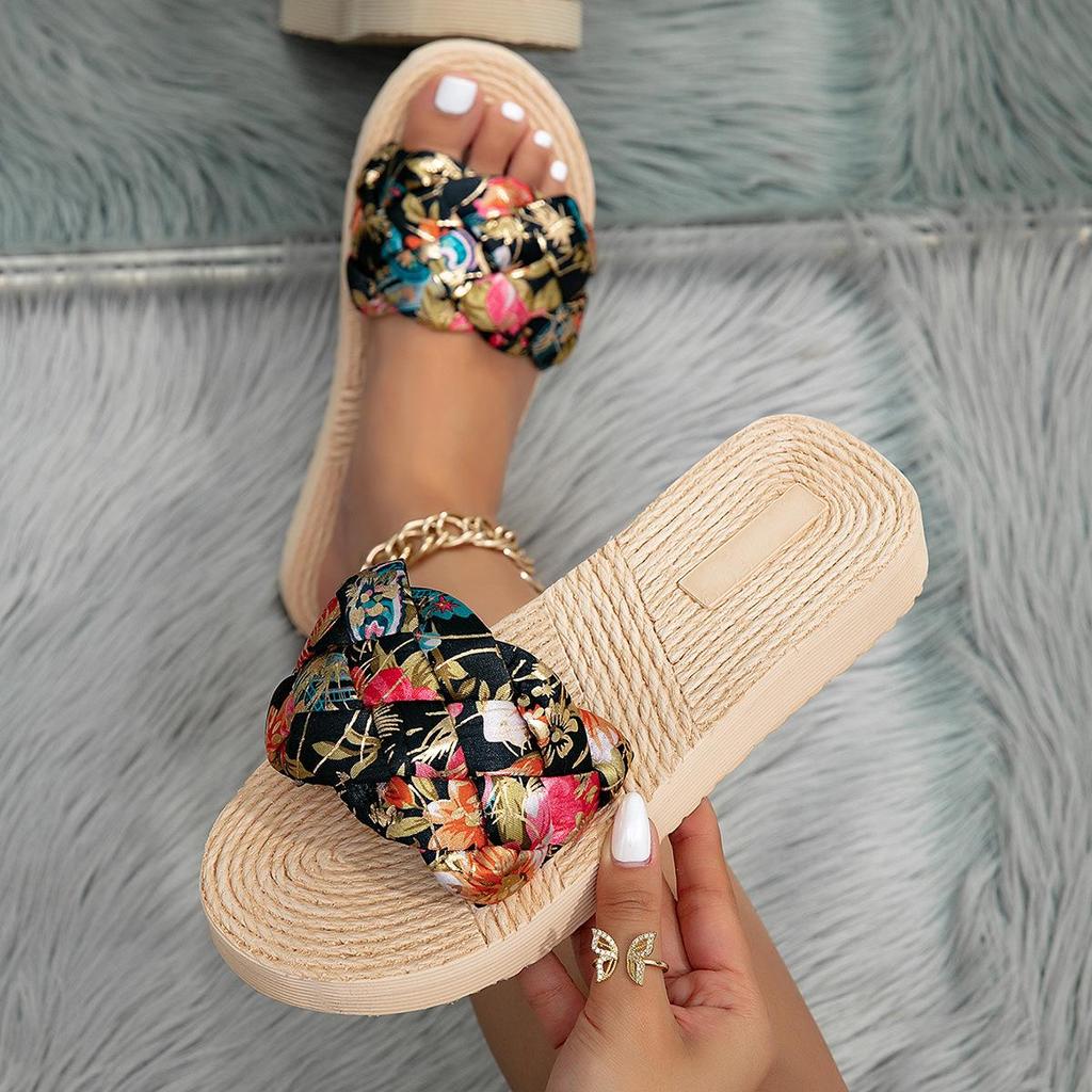 Summer Flip-flops for Women, Bohemian Silk Fabric Slip-on Sandals, Casual Wedge-heeled Beach Sandals for Women