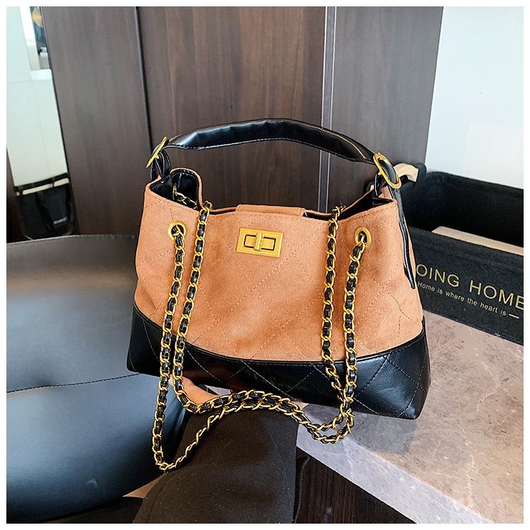 Brown Korean Style Quilted Suede Tote Bag with Adjustable Chain Strap