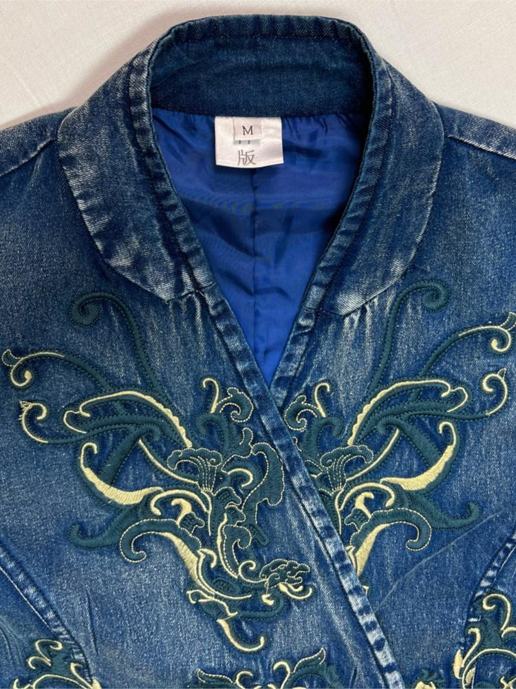 Johnature Frauen Frühling Mode Vintage Stickerei V-ausschnitt Denim Kleid Lose Retro Casual Kleid