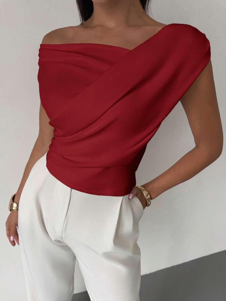 

Women s One Shoulder Cross Front Ruffle Detail Jumpsuit Solid White Casual Elegant Outfit XXL бордовий