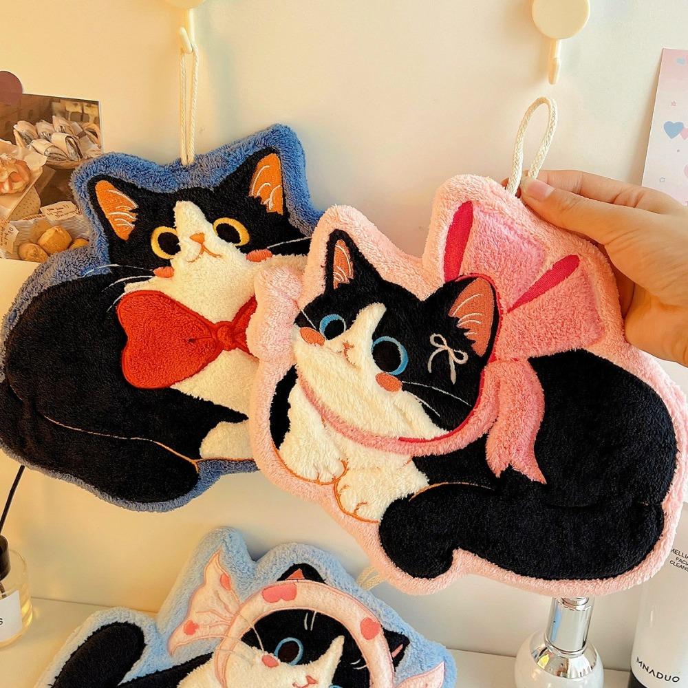 2pcs Water Absorption Cartoon Cat Hand Towel Coral Fleece Kitchen Handkerchief  Dinning Table