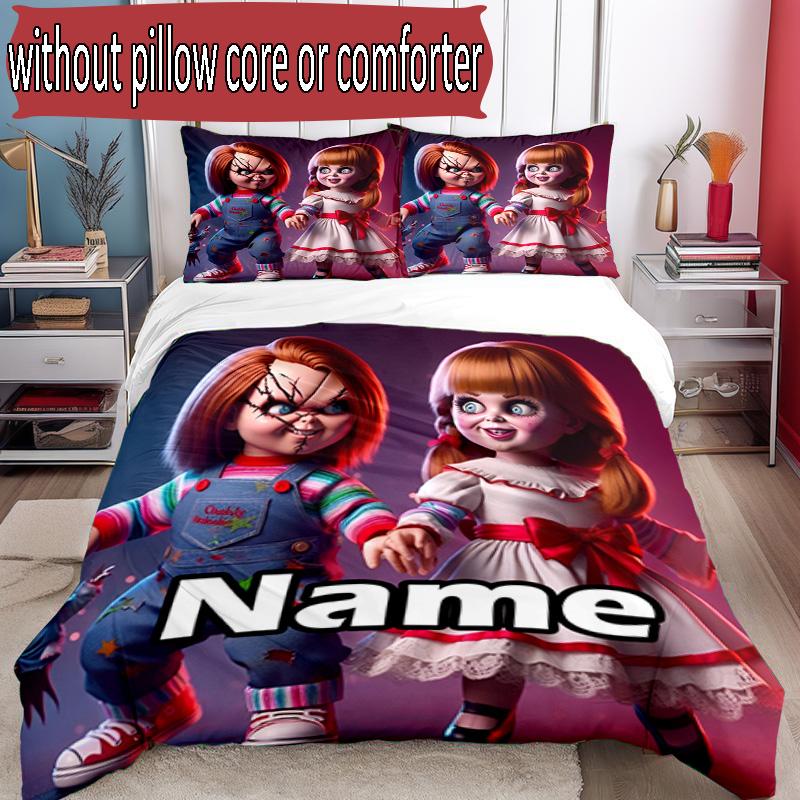 3-teiliges Bettbezug-Set (1 * Bettbezug + 2 * Kissenbezug, ohne Kern), Maßgeschneidertes Bettwäsche-Set mit Braut von Chucky-Muster, Dekoration für Schlafzimmer zu Hause, Geschenk