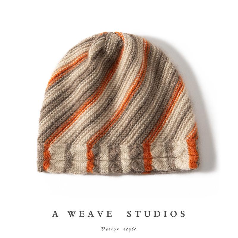 100% Pure Cashmere Ribbed Knit Unisex Hat - Autumn/Winter Thickened, Color Block, Ear Protection, Warm One Size жёлтый