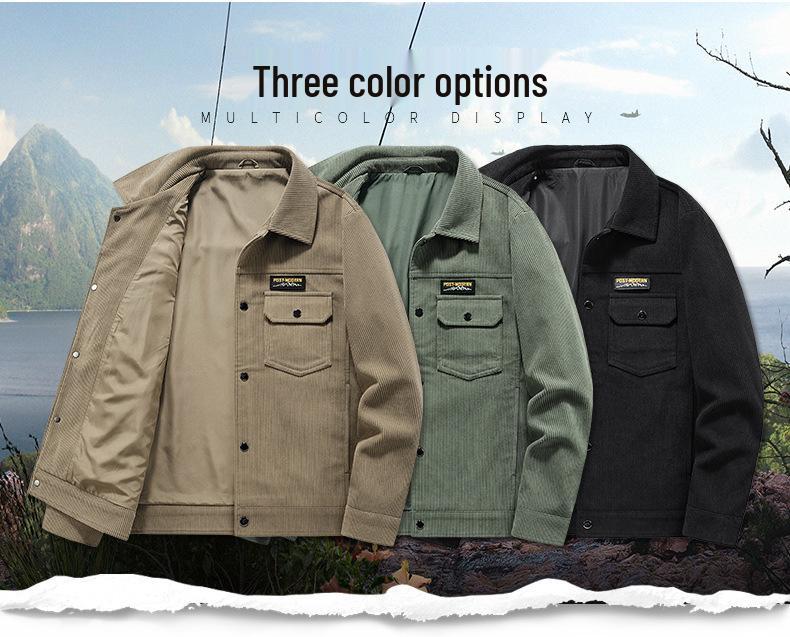 Men's Corduroy Striped Workwear Jacket with Pockets, Retro Lapel, Long-Sleeve.