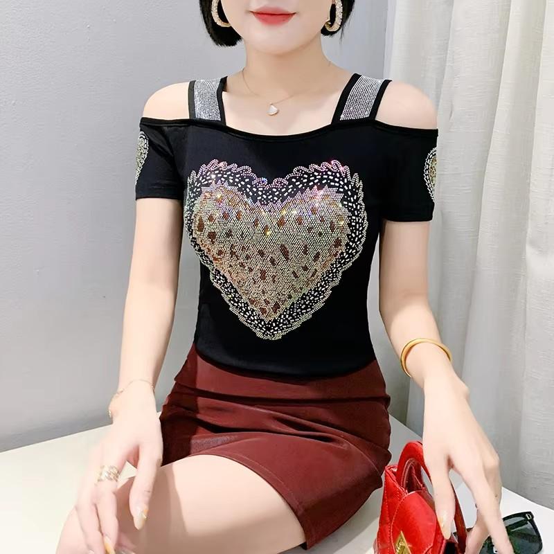 TrendHub Sexy Off Shoulder T Shirt for Women Luxury Flower Diamonds Short Sleeve Tee Summer Fashion Womens Mesh Tee Shirts Top
